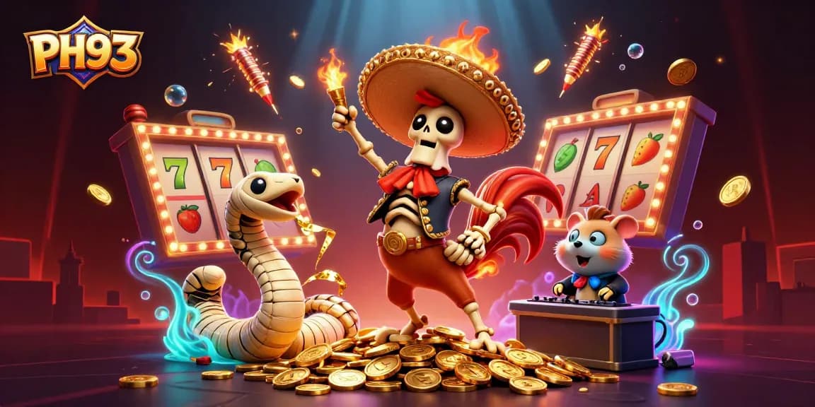 Join the excitement at PH33, where a lively 3D casino scene features a dancing mariachi rooster and vibrant slot elements.