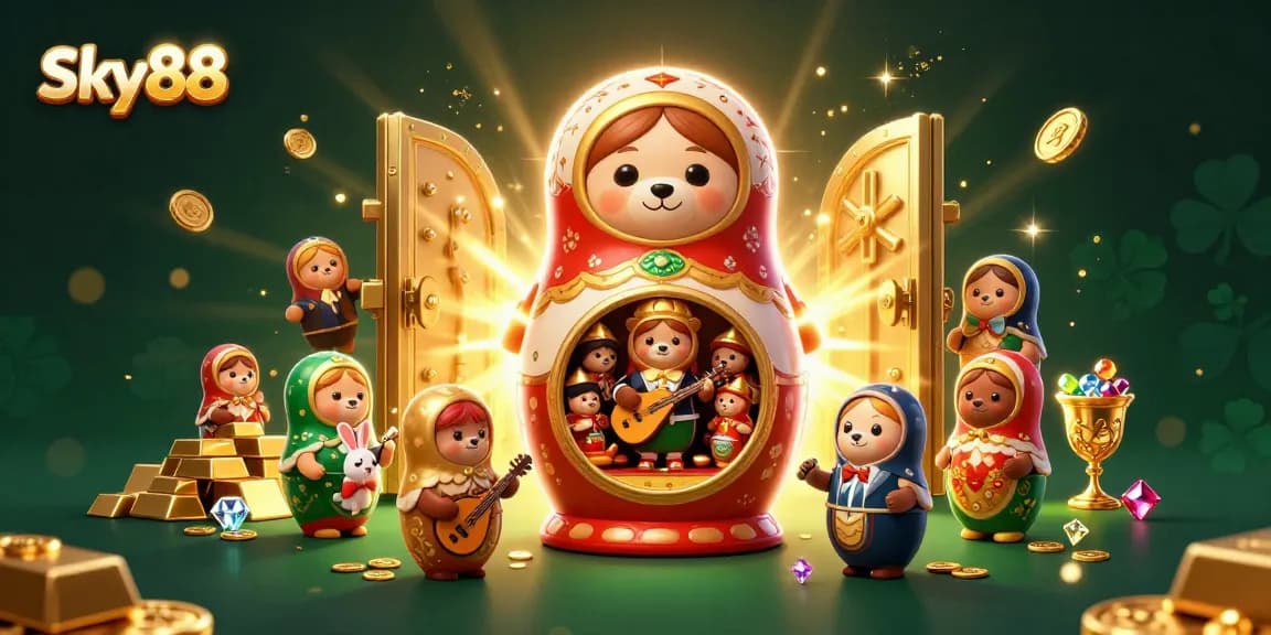 Experience exciting Sky88 gaming with cartoon bears and a serenading rabbit amid dazzling casino treasures.