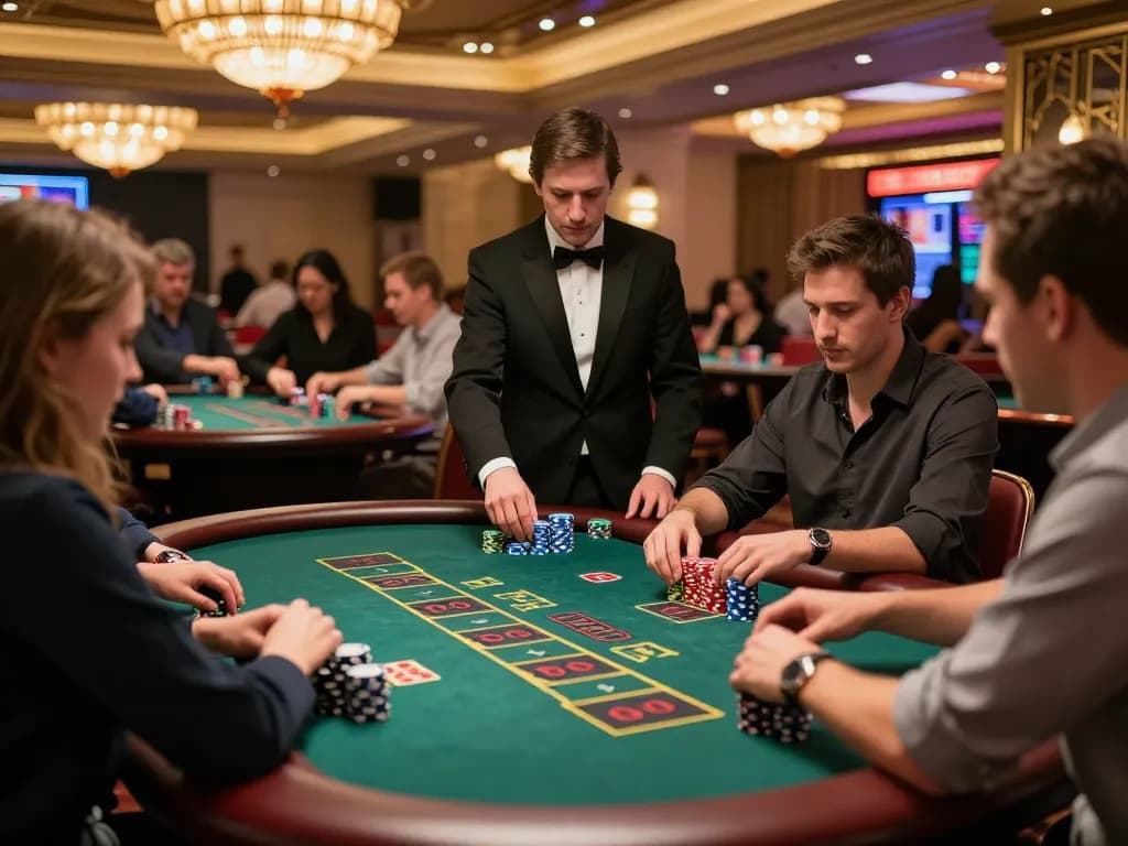 EE88 players engaged in dynamic blackjack gameplay on a bustling casino floor