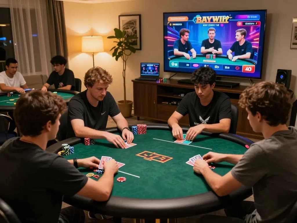 Bayvip players strategizing in an online poker game, showcasing vibrant gameplay and focused engagement.