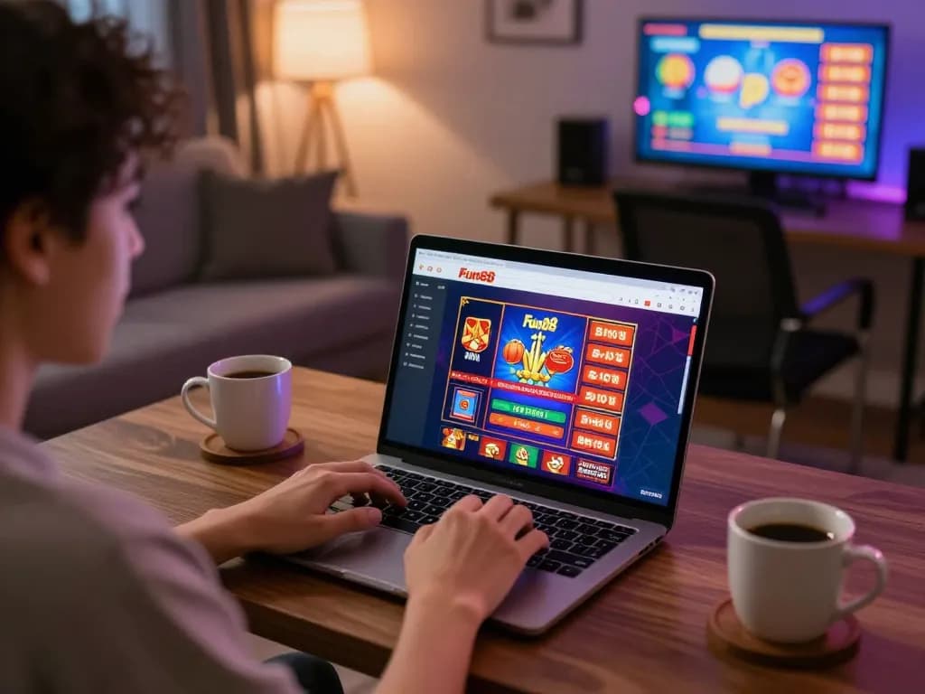 Fun88 player engaging with a dynamic online casino game setup at home, showcasing excitement and strategy.