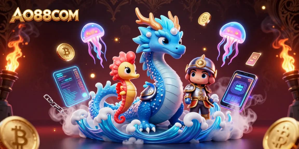 Engage with AO88COM's thrilling gaming experience featuring a dragon and seahorse in a vibrant scene.