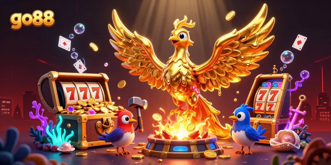Experience thrilling gameplay with go88 as golden phoenix and assistants showcase vibrant casino elements.