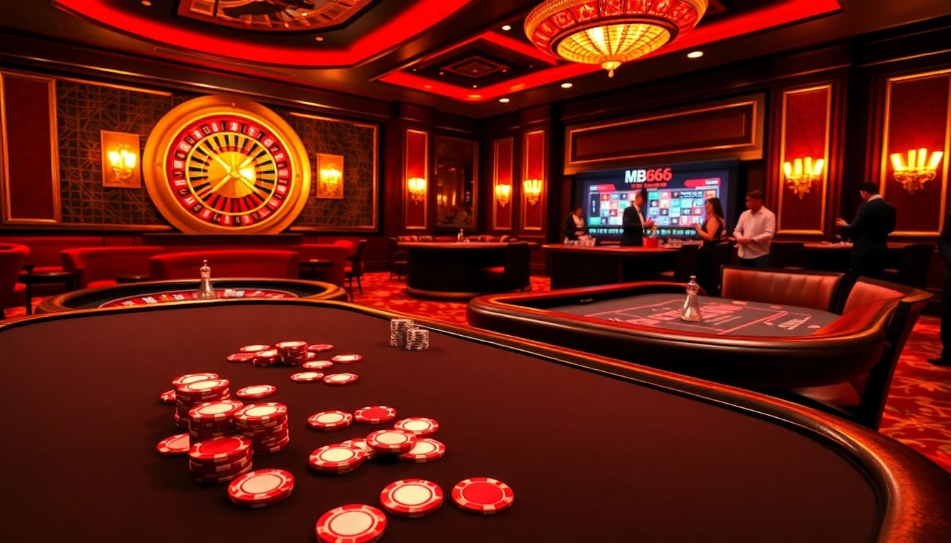 Experience the thrill of gaming with MB66 at an upscale casino setting featuring poker and roulette.