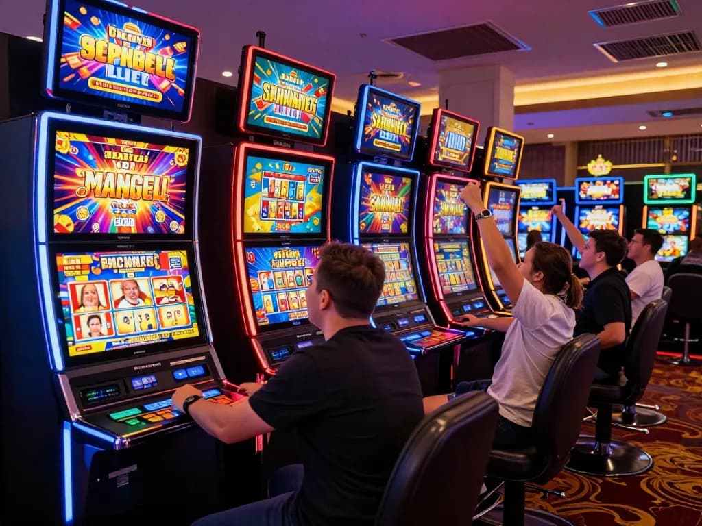 Players enjoying vibrant real money pokies Australia in a luxurious casino setting.