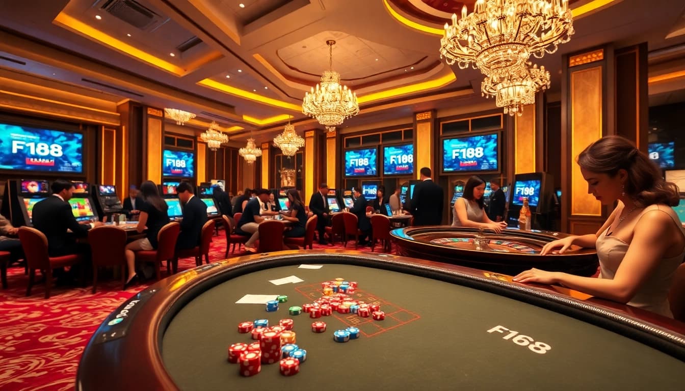 Players enjoying a thrilling poker game at F168 casino, surrounded by vibrant, luxurious decor.