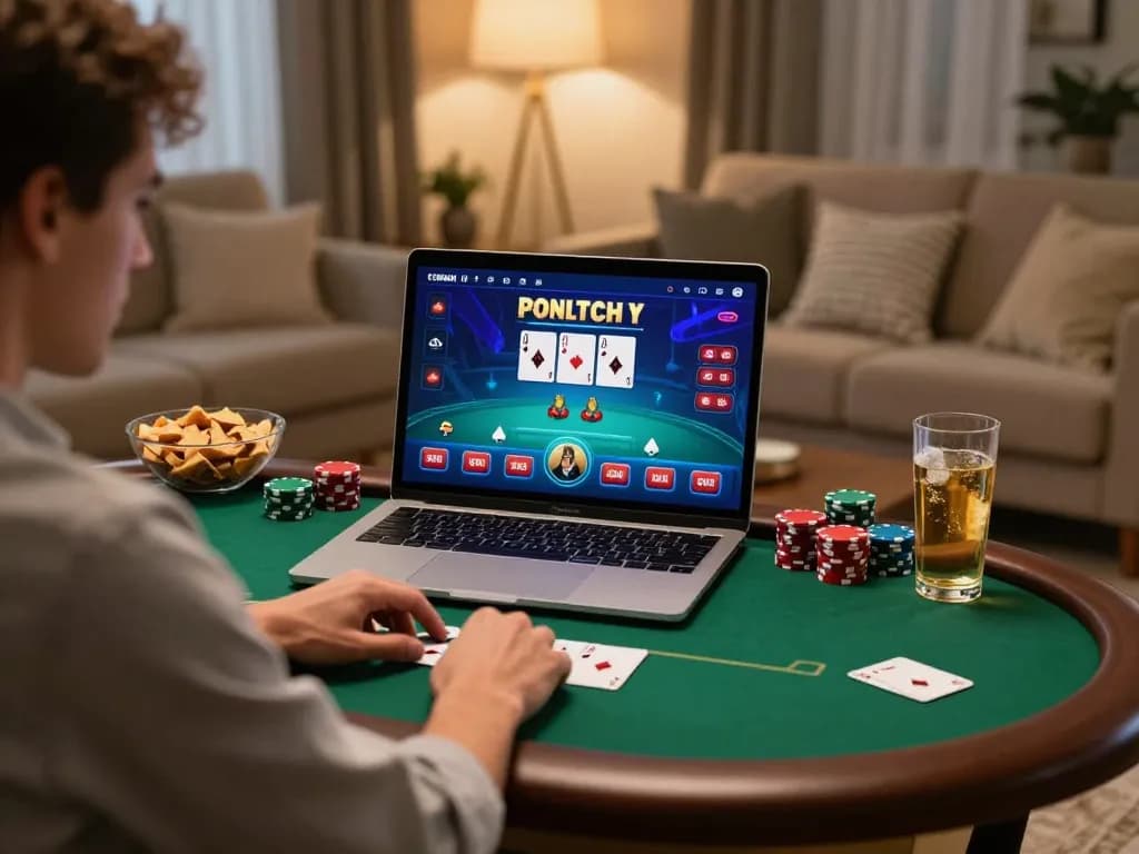 BET88 player strategizing in an engaging online poker session at home, warm atmosphere with focus on gameplay.