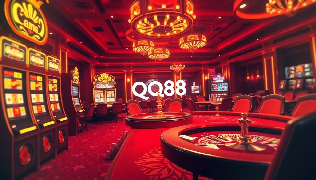 Experience the excitement of QQ88 with vibrant casino visuals and dynamic gaming elements.