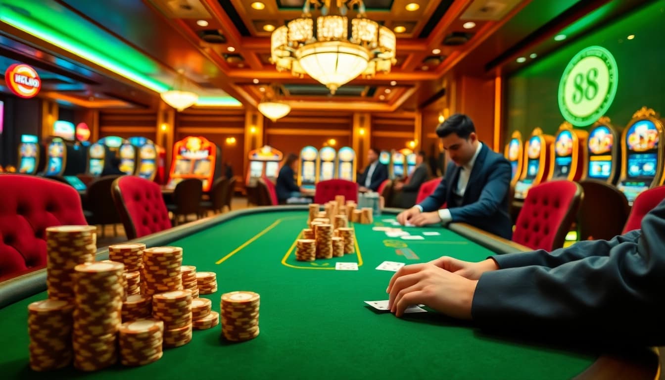 Hello88 gamers enjoying an exciting poker game at a luxurious casino table with vibrant atmosphere.