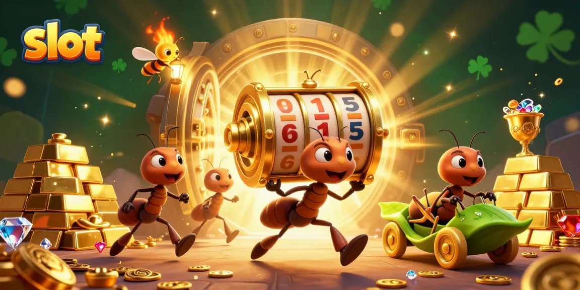 Spin the slot reel with a golden heist theme, showcasing animated ants and vibrant treasures.