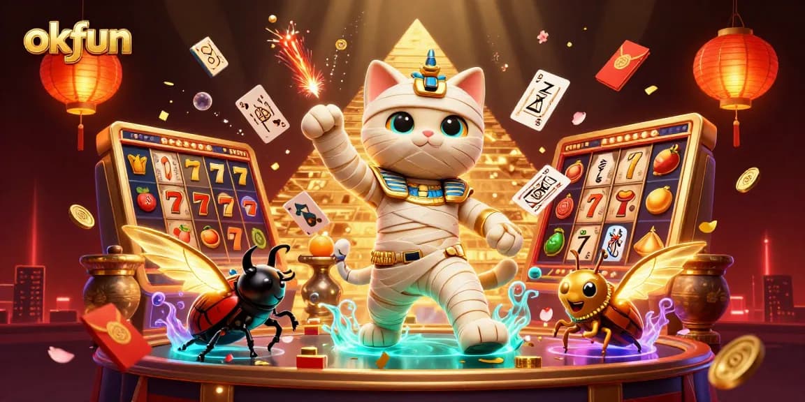 Engage in thrilling slots action at okfun, featuring a vibrant mummy cat, jackpots, and floating game elements.