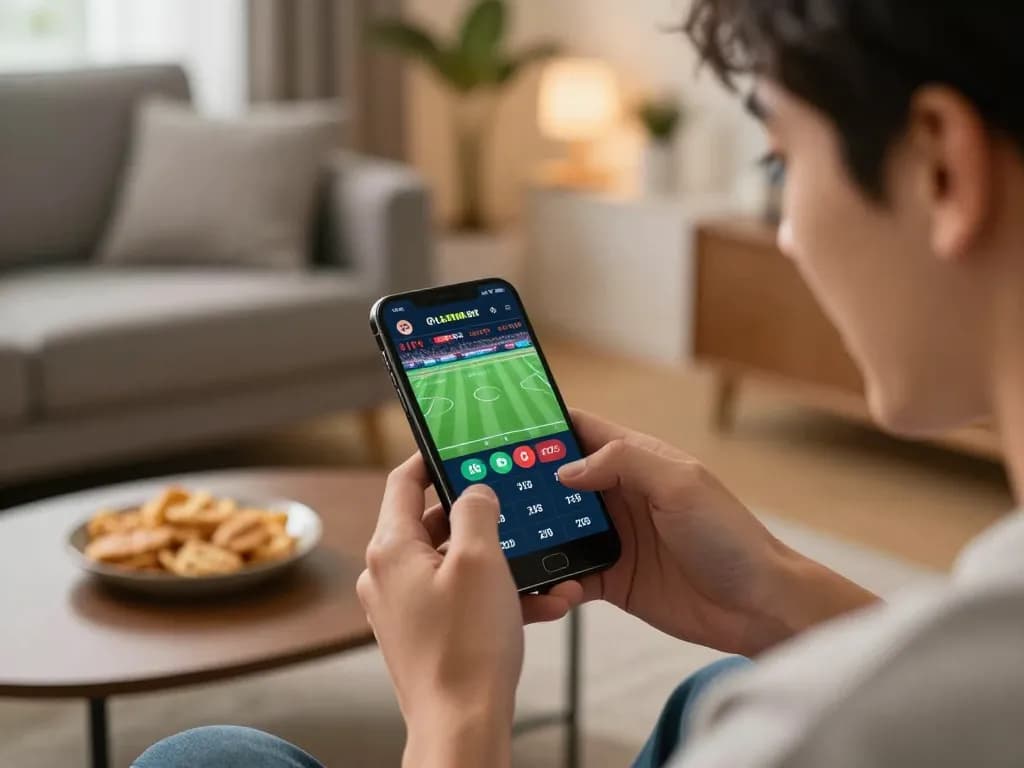 Player engaged in live betting on fly88 app, showcasing real-time odds in a cozy home setting.