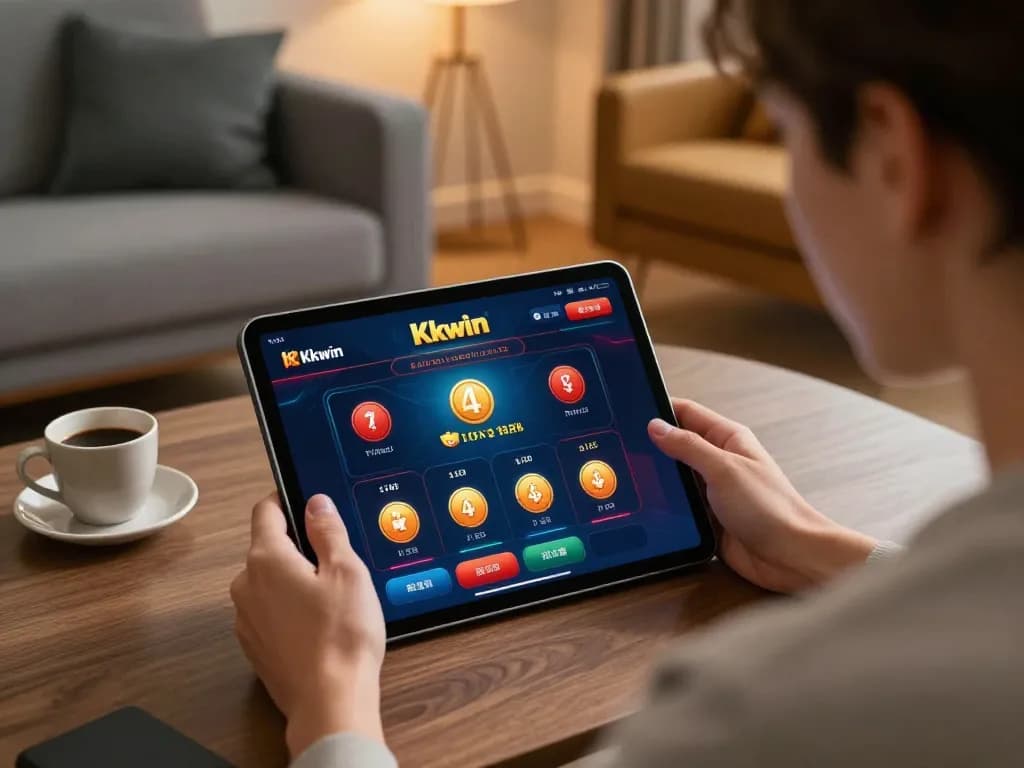 Kkwin player analyzing betting options on a tablet in a stylish home gaming environment.