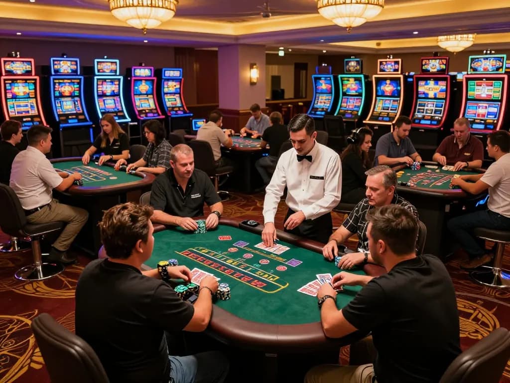 Players engaged in strategic bets at blackjack tables in a vibrant da88gg casino atmosphere.