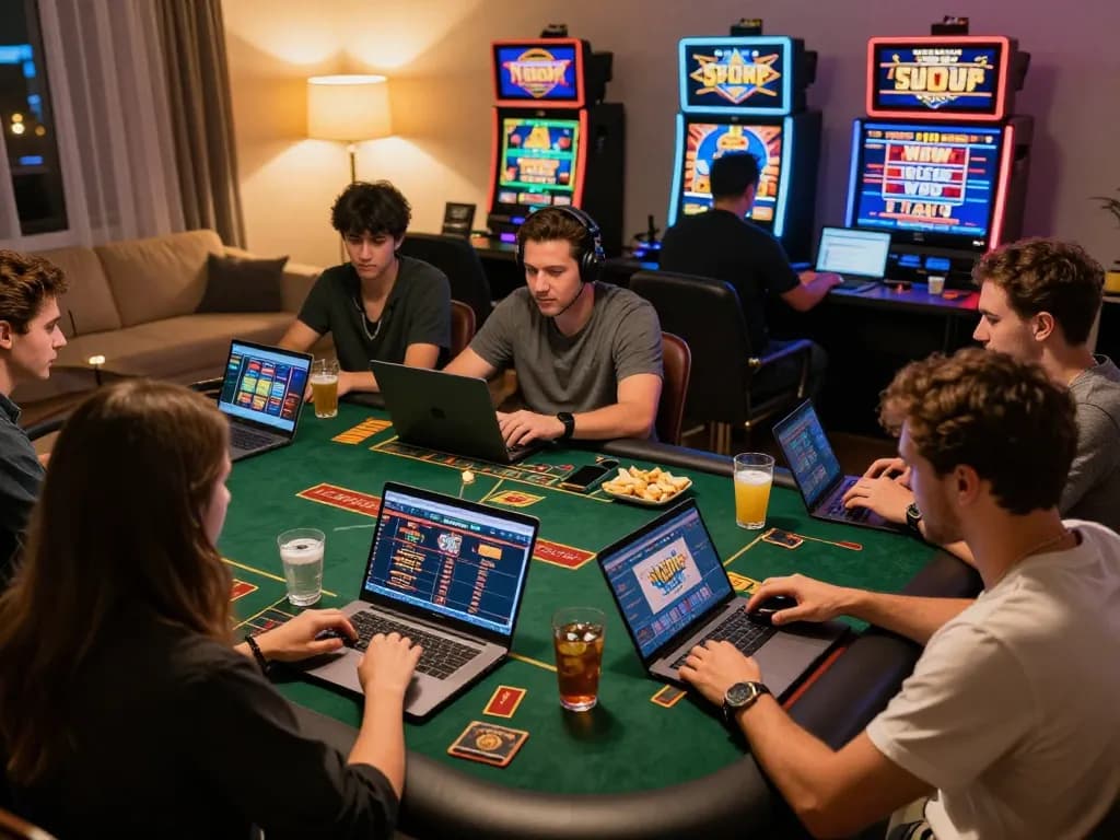 Players engaging in online casino games on various devices, highlighting U88 gaming experience.