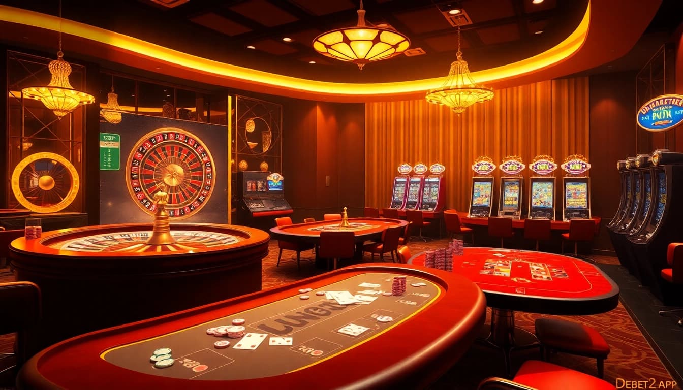 Experience high-stakes gaming action at https://debet2.app/ with vivid casino visuals of roulette, poker, and slots.