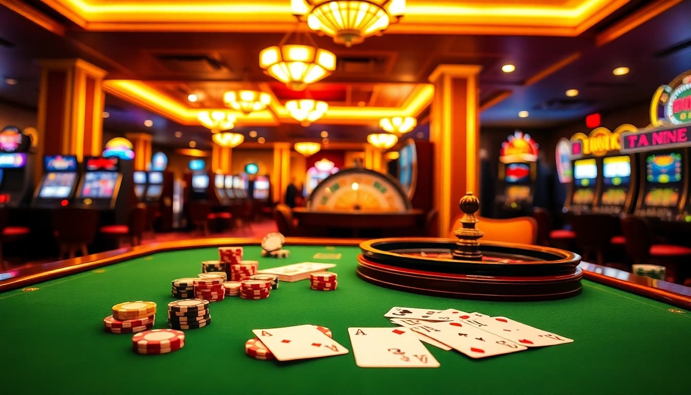 Engaging scene of luck8 casino experience featuring poker chips, cards, and a roulette wheel.