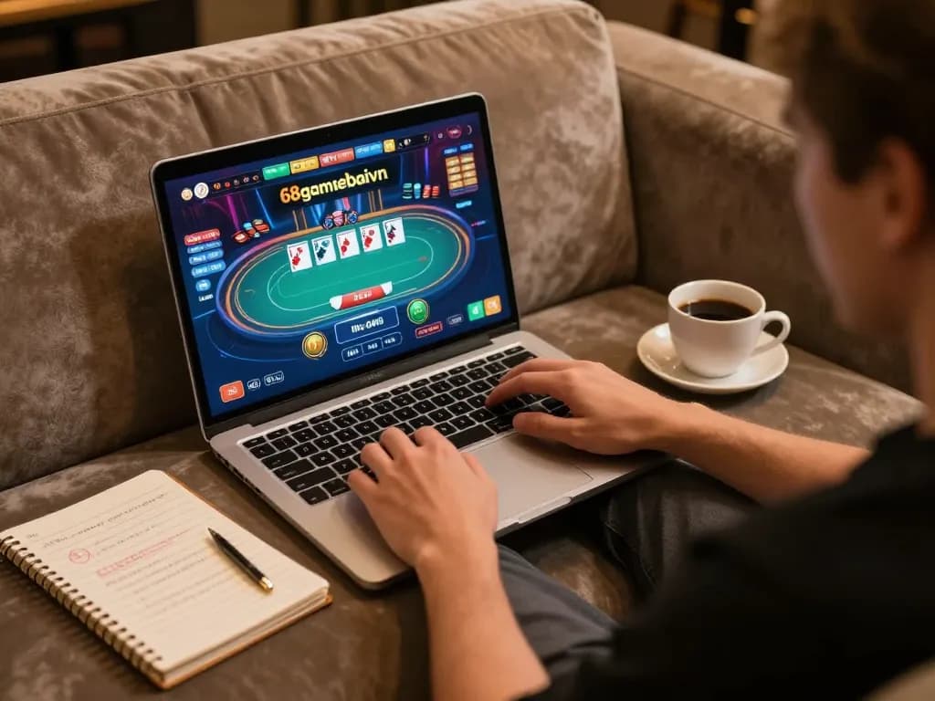 Engaging in a strategic 68gamebaivn online poker game from a cozy home setup.