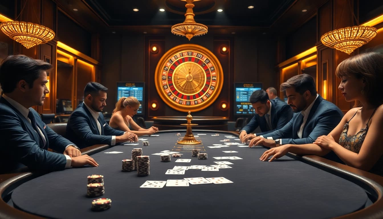 Players engaging in high-stakes poker excitement at tg88.black casino, showcasing vibrant chips and cards.