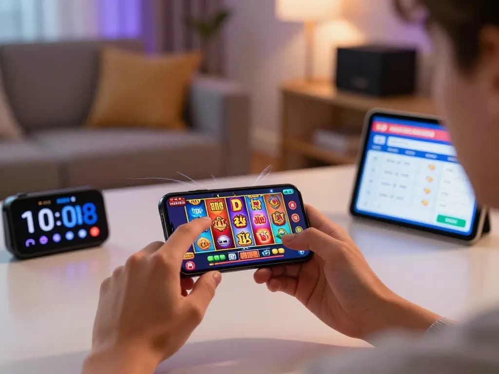 Engaging with nổ hũ mobile gaming app in a cozy living room.