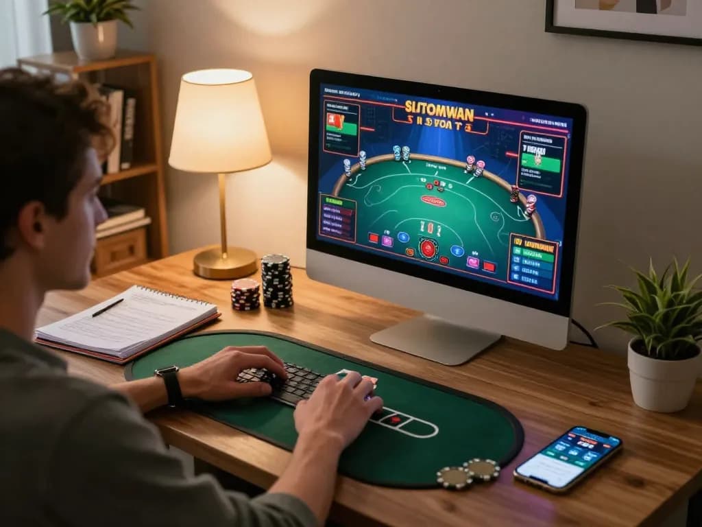 Person playing poker on 98win's online platform, showcasing vibrant game graphics and strategic notes for informed betting.