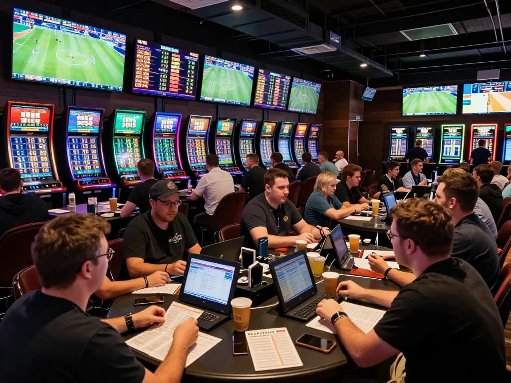 Engaged sports bettors analyzing kèo nhà cái odds at a vibrant venue, dynamic atmosphere with multiple screens