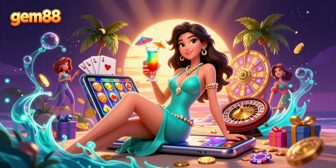 Experience winning with gem88 in vibrant casino-themed illustration featuring games and glamour.