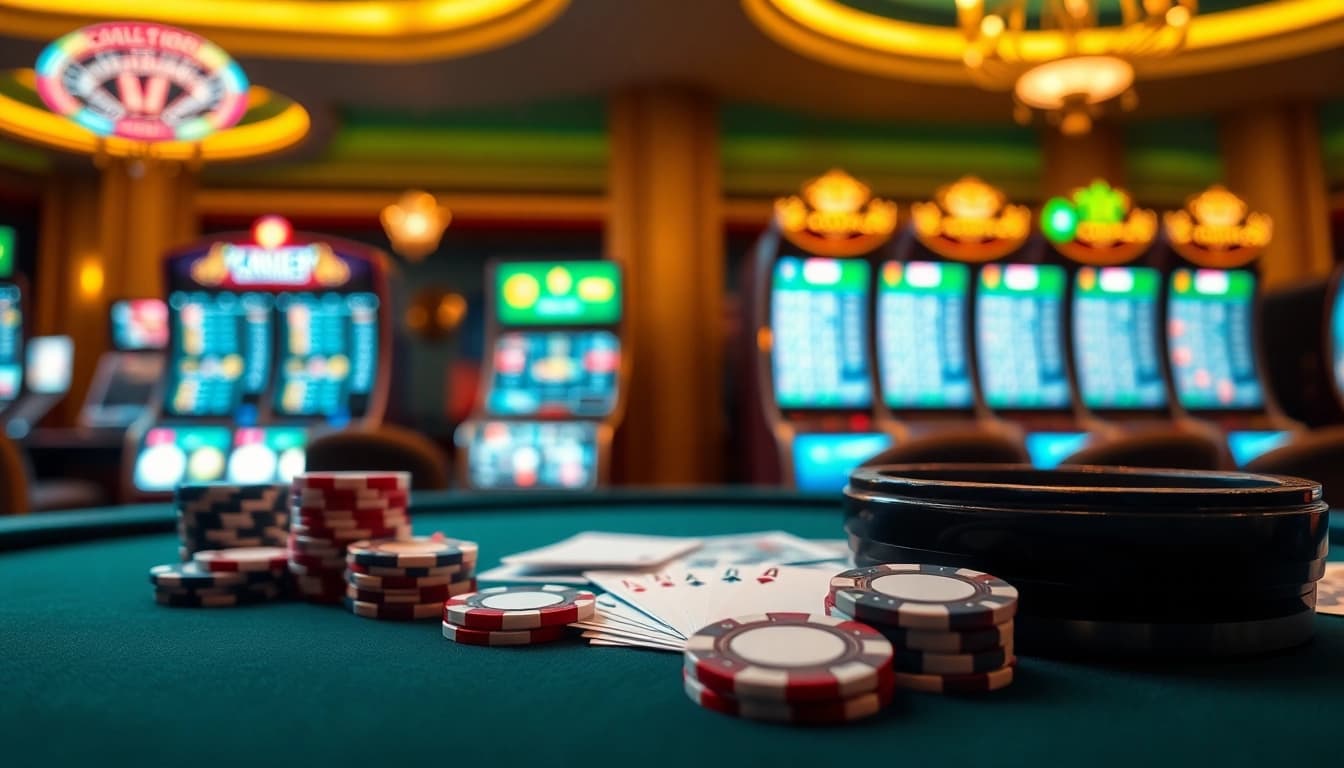 Experience the thrilling atmosphere of tr88vip.co.com, showcasing vibrant casino elements like poker chips and cards.