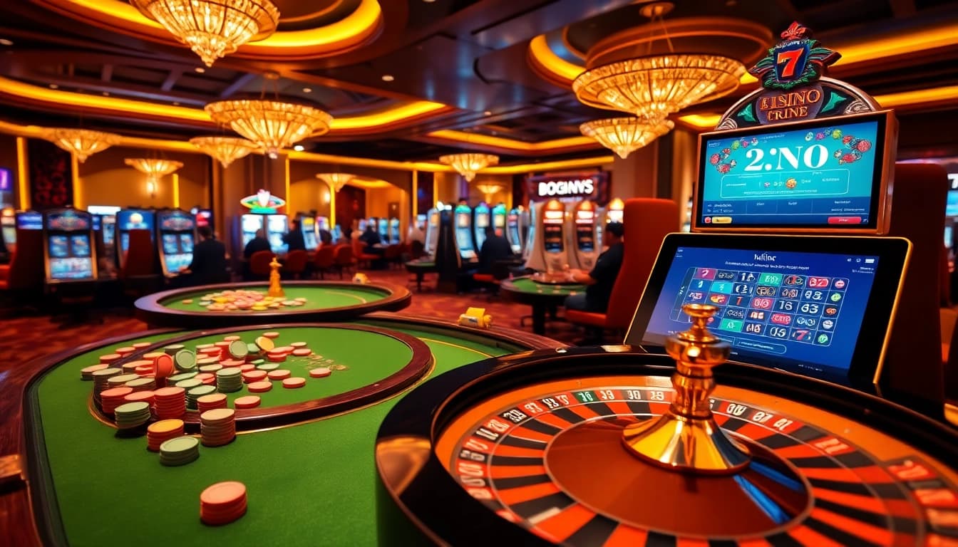 Engaging gamblers at a luxurious casino with the 7M experience, featuring vibrant poker chips and roulette wheel.