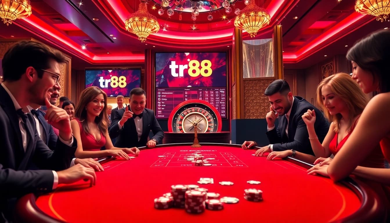 Players enjoying a thrilling game at the casino table featuring tr88 poker chips and cards.