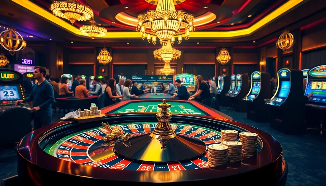 Experience the excitement at uu88 com with vibrant casino visuals showcasing poker and roulette.