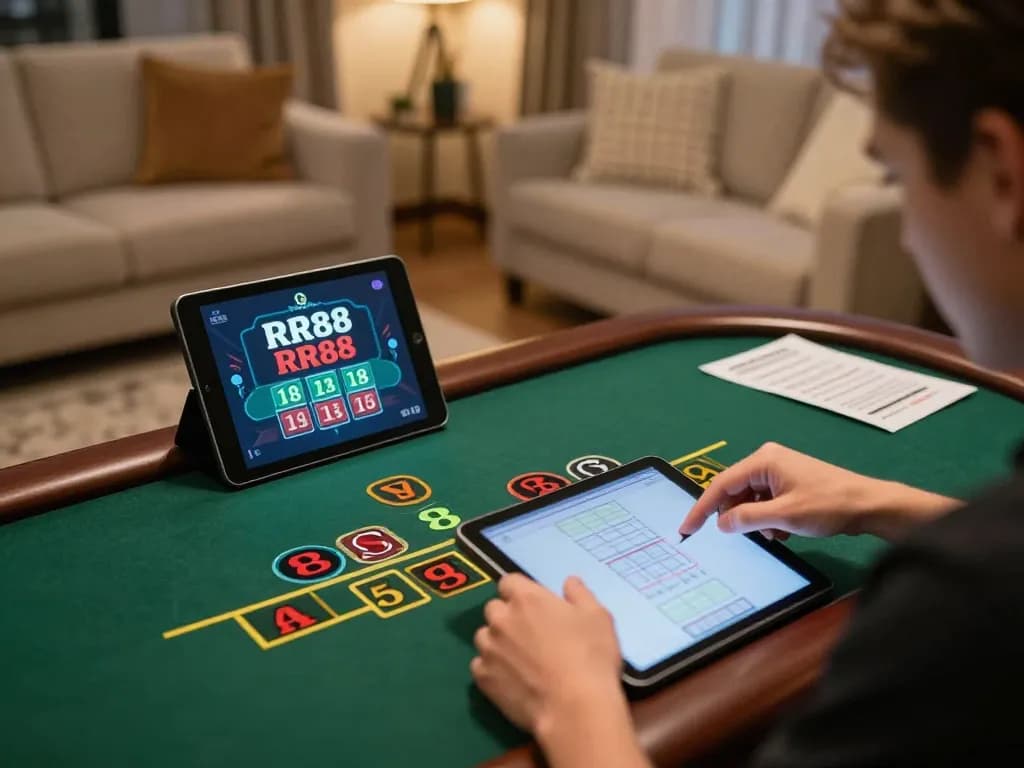 RR88 player engaged in live dealer blackjack game on a tablet in cozy home setting