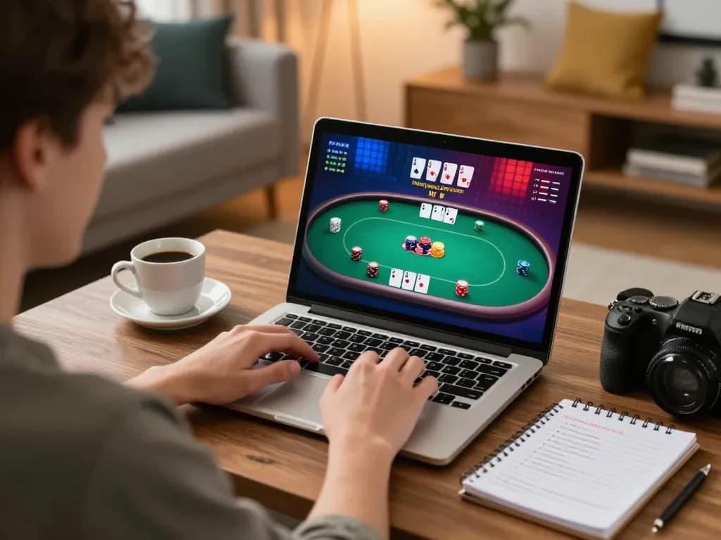 Person engaging with XX88 online poker game on laptop, reflecting strategic gaming experience
