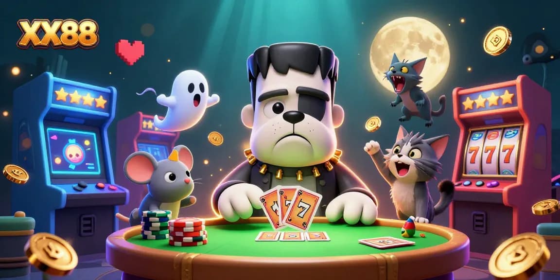 Engage in gaming action at XX88 with a lively 3D scene featuring a Frankenstein bulldog and more.