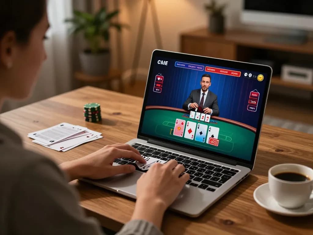 Player enjoying an online blackjack game on 9bet, with betting notes at home desk.