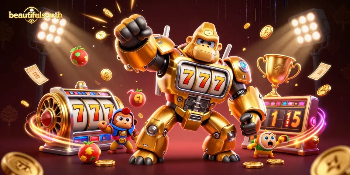 Engage with beautifulsouth as the golden gorilla mech dominates a vibrant casino scene filled with slot games.