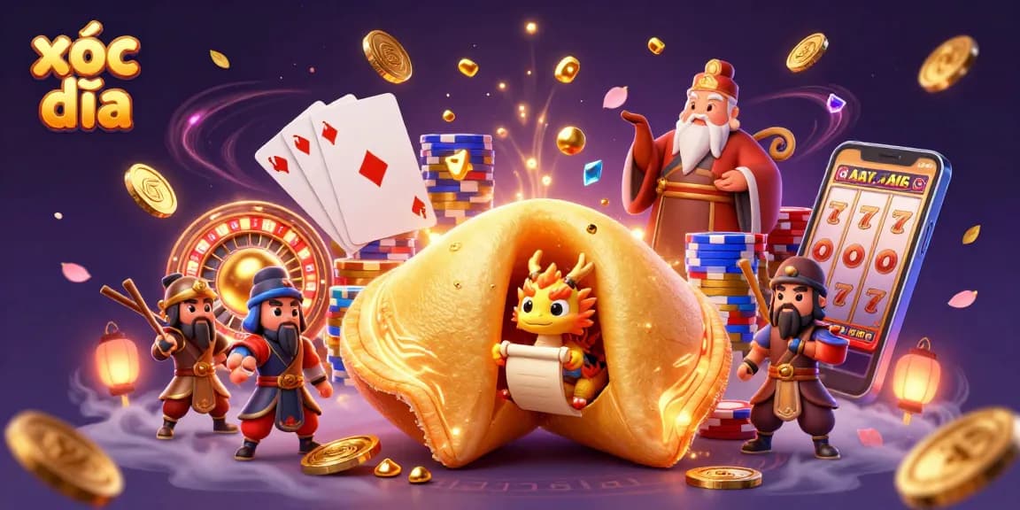 Engaging scene of xóc đĩa with a golden fortune cookie, dragon, and dynamic casino elements.