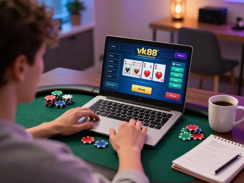 Player engaged in online poker on vk88, with cards and chips displayed on laptop screen.