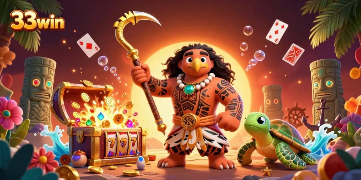 Experience thrilling wins at 33win with a vibrant casino scene featuring slots, treasures, and adventure elements.