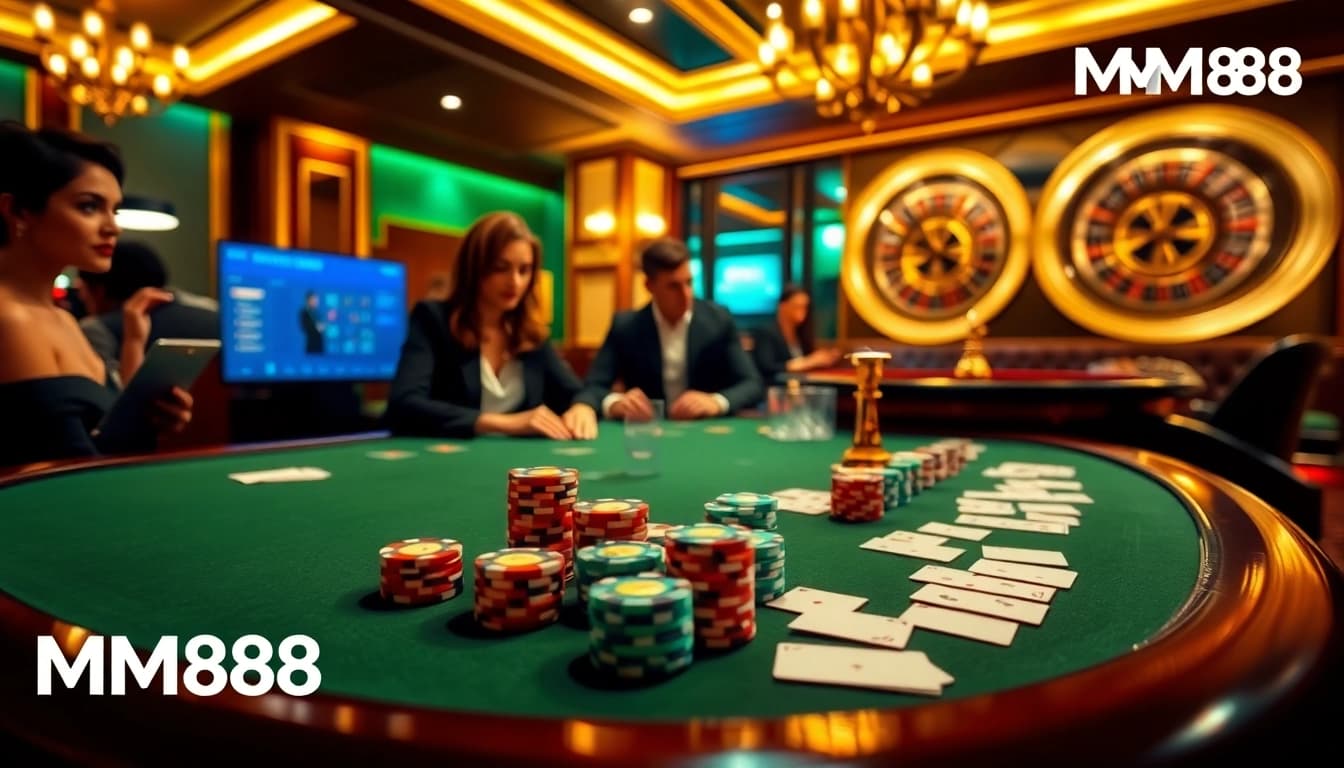 Engaged players enjoying a high-stakes game at MM88 casino table, exuding excitement.