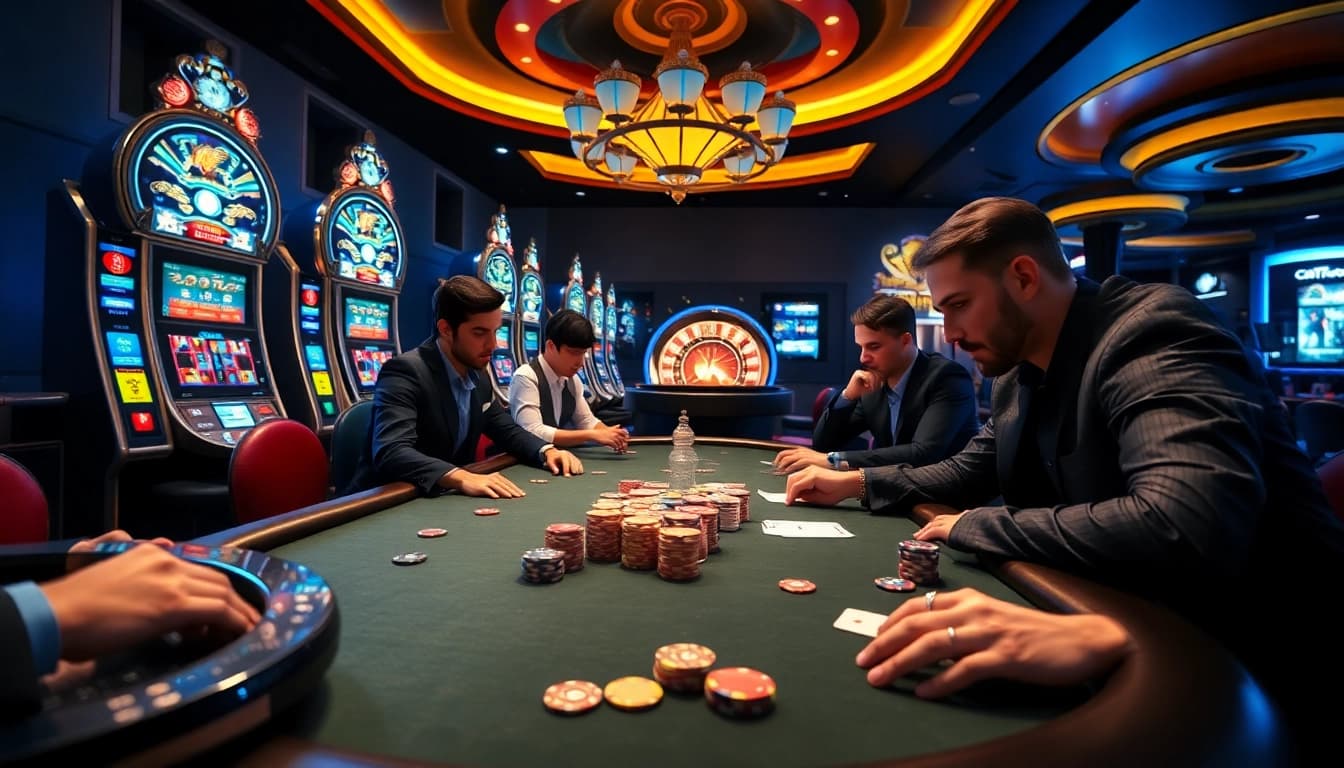 Experience elite gambling at Win55 with an immersive poker table and vibrant casino backdrop.