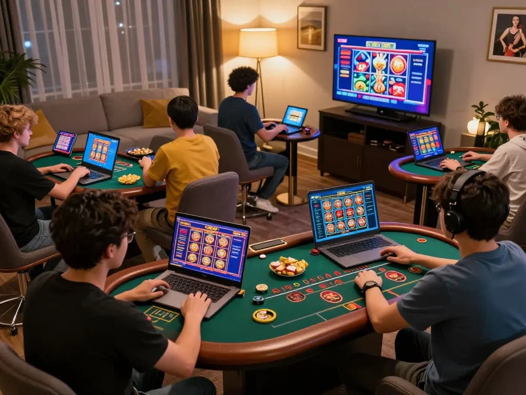 Engaged players enjoying online casino gaming at https://v788.biz/, showcasing vibrant interface and cozy atmosphere.