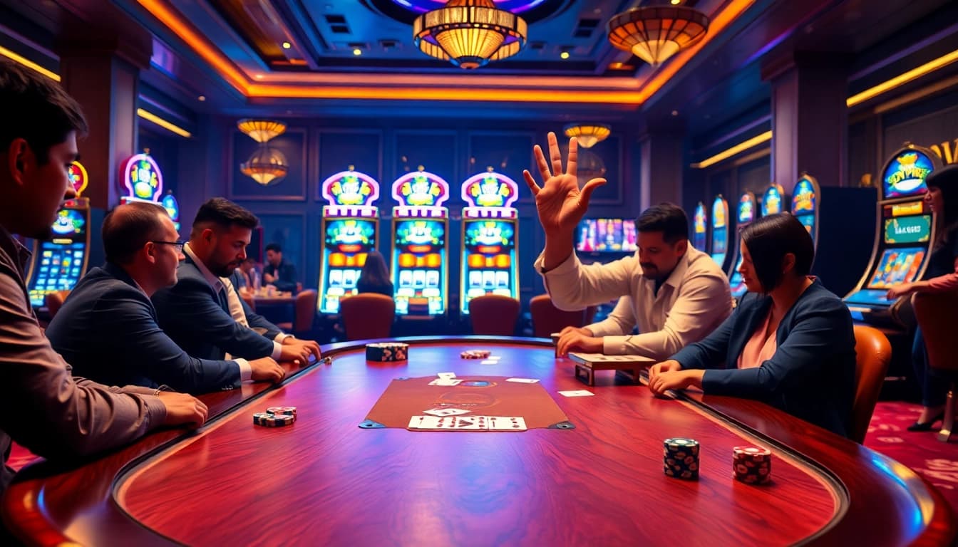 Players strategizing at a luxurious casino table with dh88-themed decor, capturing the thrill of winning.