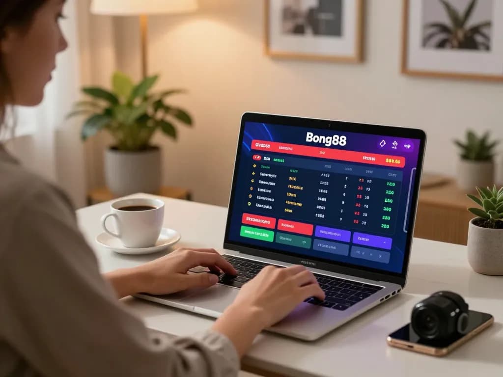Bong88 live betting experience with user engaged on laptop in cozy home setting