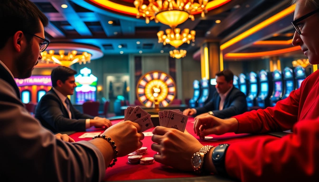 Gamblers enjoying a thrilling game at SODO66 casino table, complete with poker chips and cards.