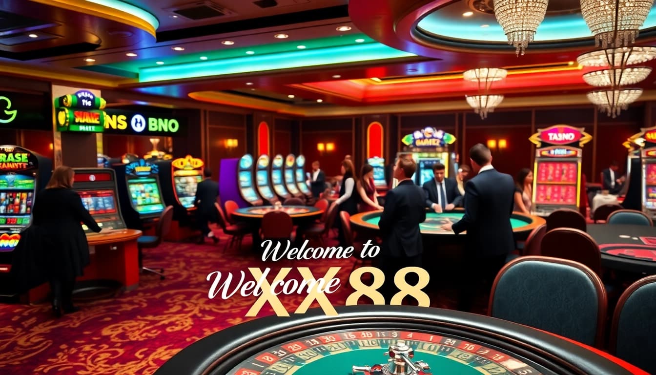Experience the excitement of XX88 in a luxurious casino setting with vibrant tables and engaging players.