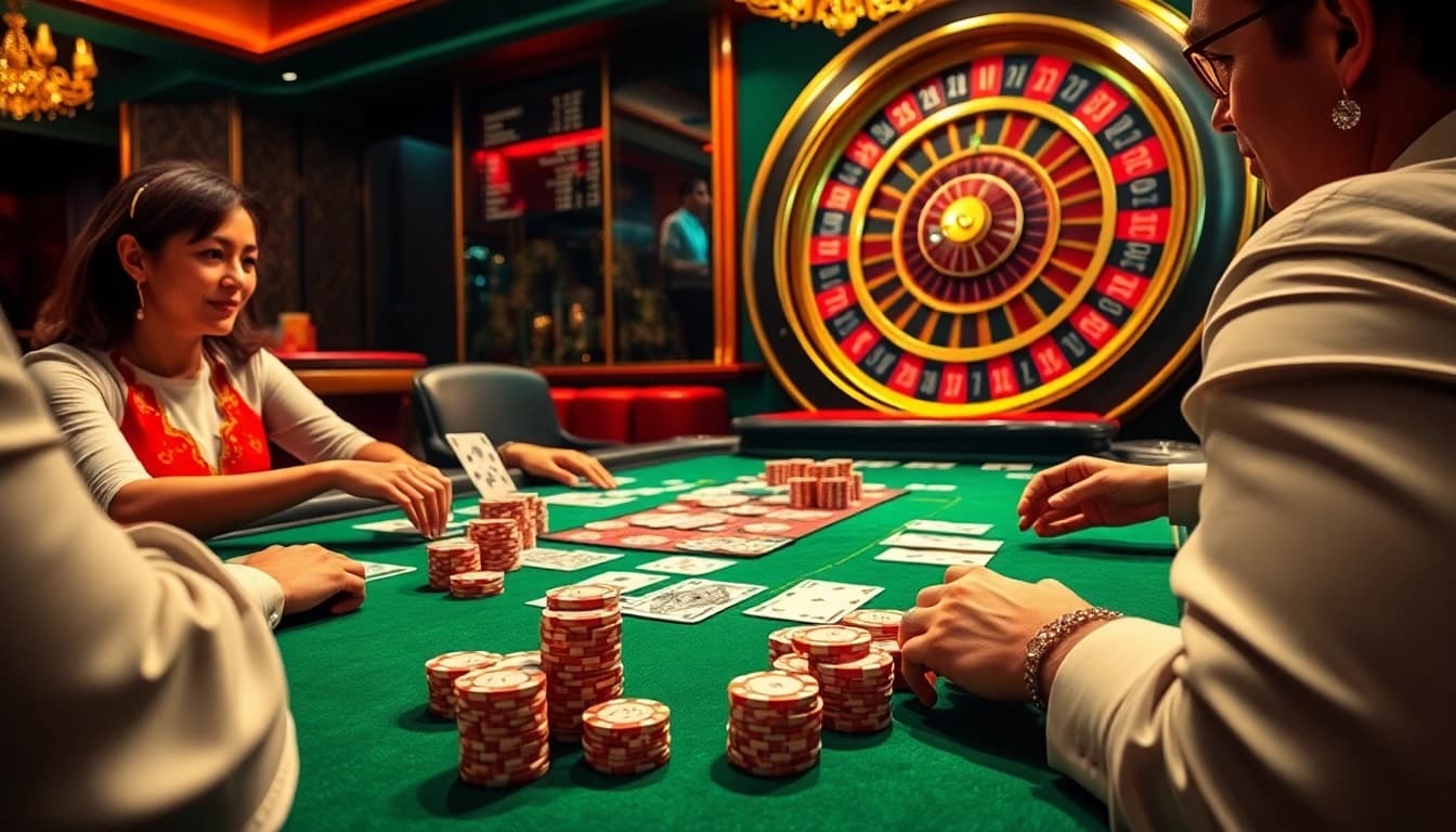 Exciting poker game at Hi88 casino with players, chips, and cards creating a vibrant casino atmosphere.