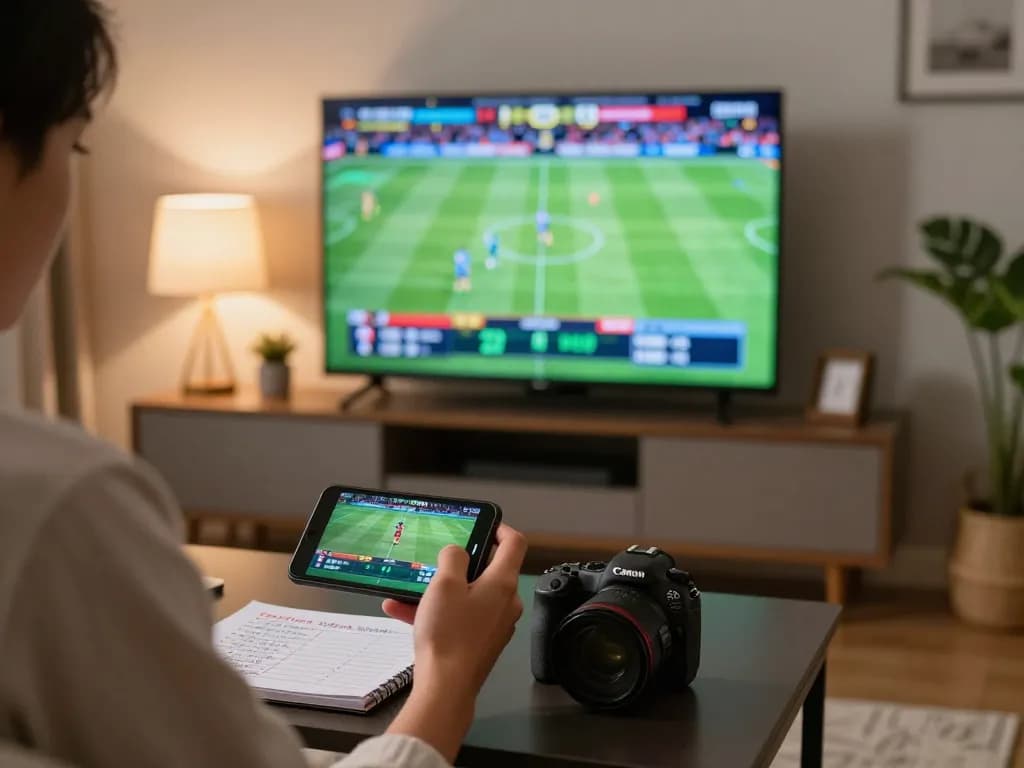 Engaged in sports betting with fly88 on smartphone, cozy home setup showcasing strategy notes.