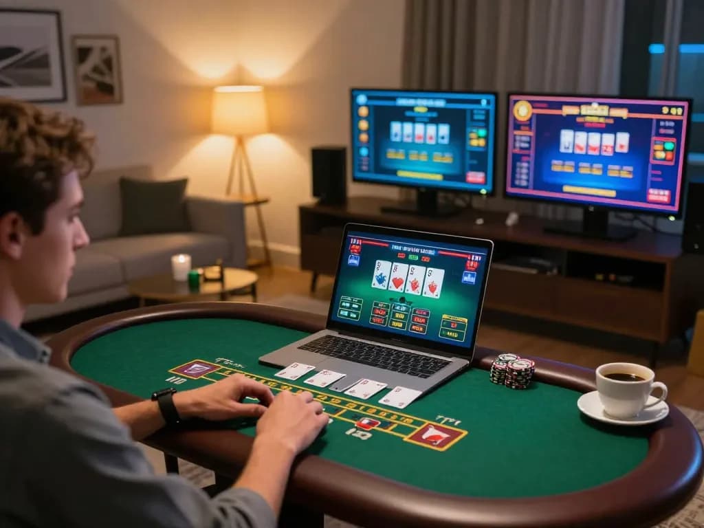 Player enjoying live dealer blackjack on their laptop at home, diving into the excitement of online gambling with ATQ.