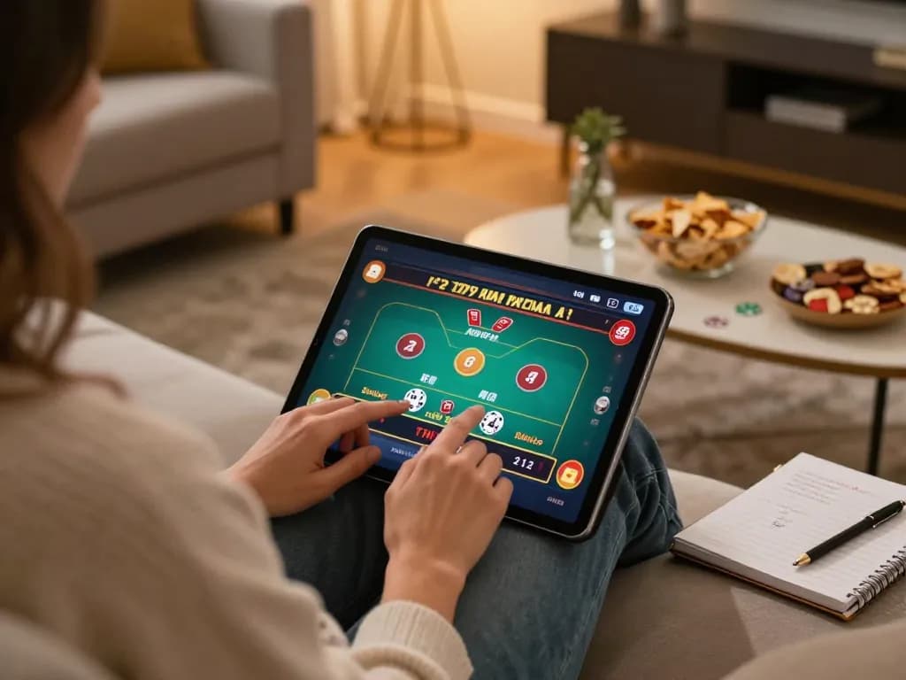 Engaging with 789bet online poker game at home in a cozy living room setting